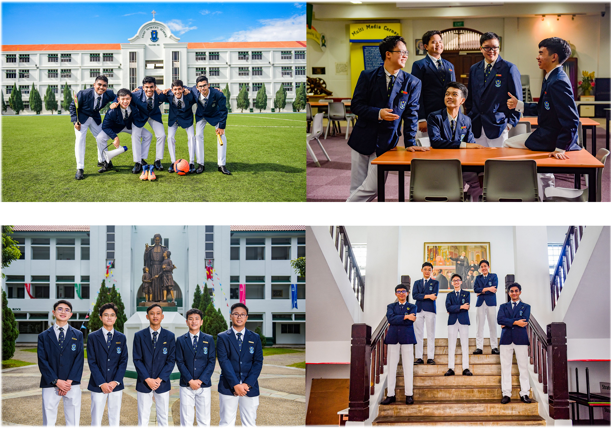Four photos of five uniformed students posing outdoors and indoors at a school, smiling and chatting.